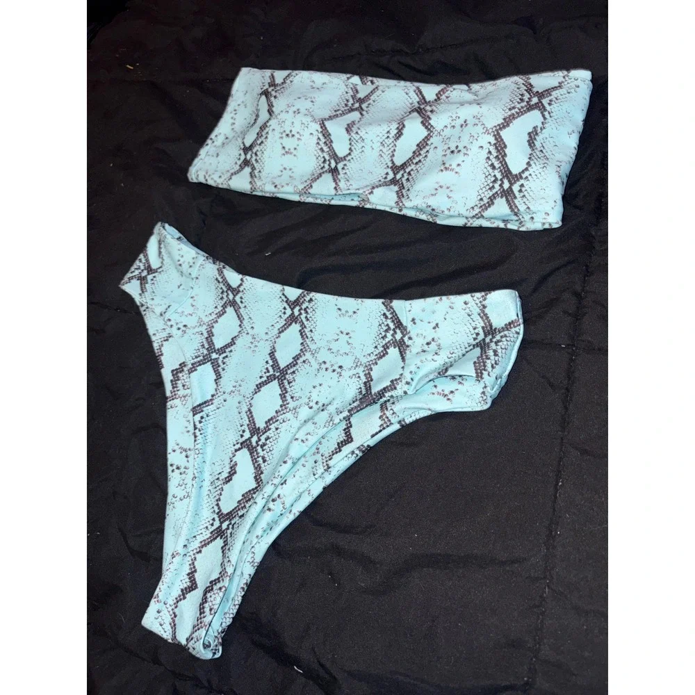 Women's Blue & Black Snakeskin Print‎ Bandeau Bikini Set, Size Large